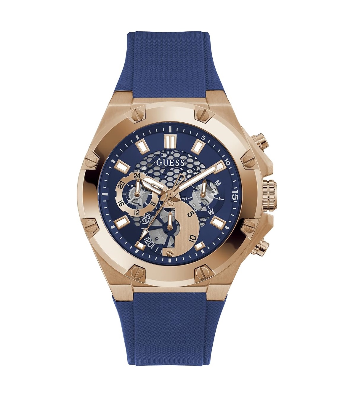 GUESS GW0334G3 Rose Gold-Tone Multifunction Watch with blue strap