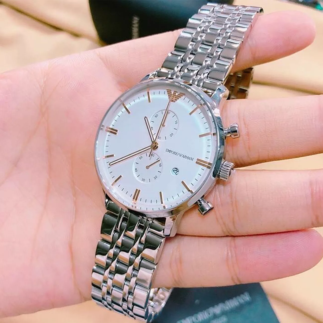 Emporio Armani AR1933 Silver Rose Gold Accents Chronograph