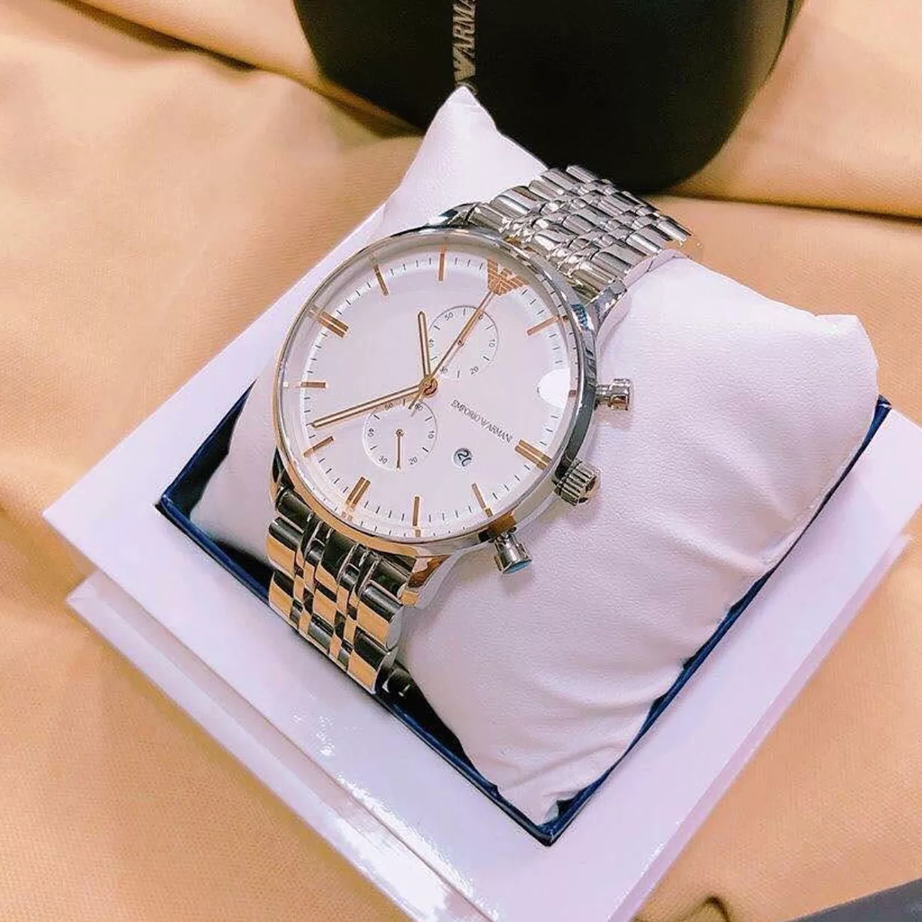 Emporio Armani AR1933 Silver Rose Gold Accents Chronograph