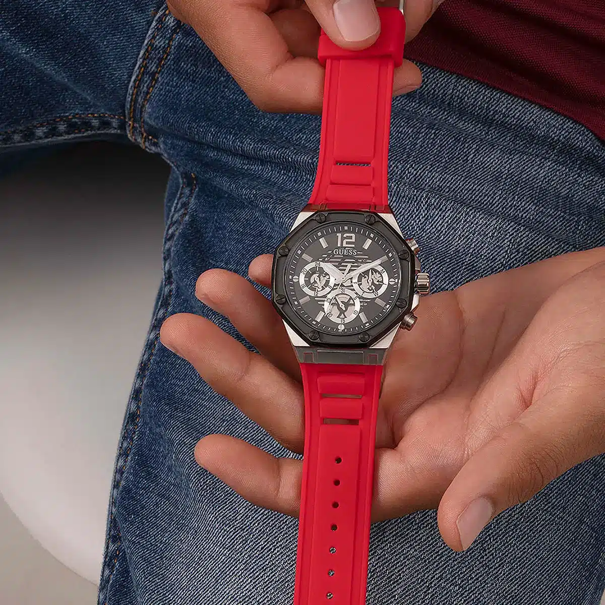 GUESS GW0263G3 Men's Sport Multifunction 44mm Stainless Steel Quartz Watch with Silicone Strap - Image 3